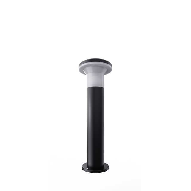 Sleek and modern outdoor lamp post with a minimalist black and white design, perfect for illuminating gardens and patios.