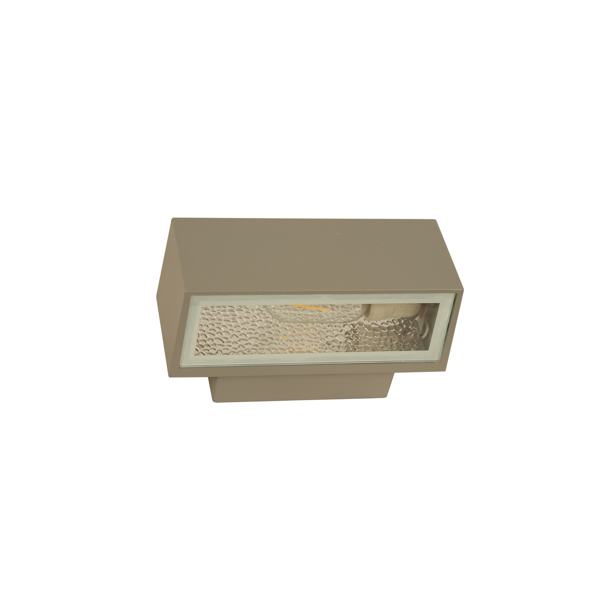 A sleek and modern outdoor wall light fixture with a rectangular design and a textured glass panel, providing efficient LED illumination.